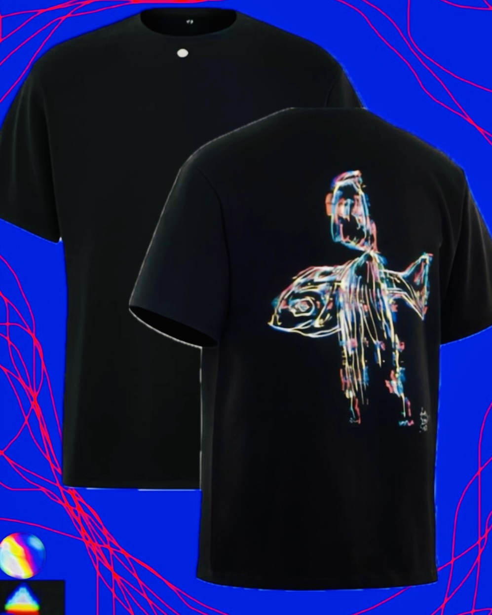 Black MP/7/A.Karp/prnt T-shirt: front view and colorful back print